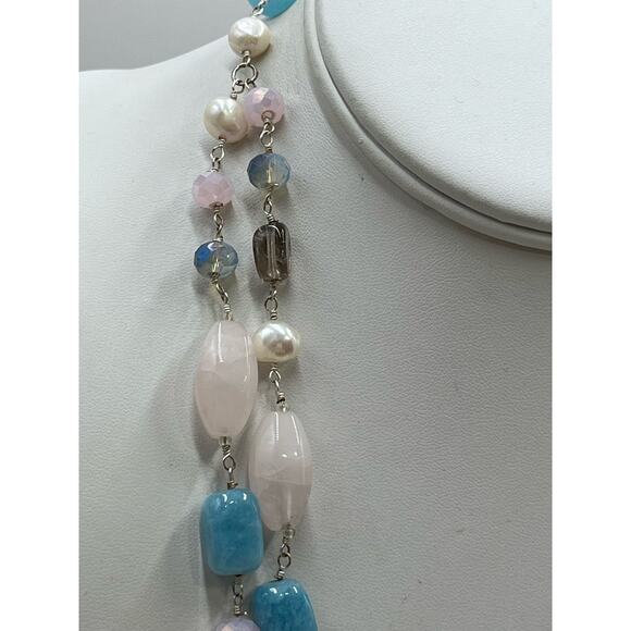 Handmade Sterling 925 Pink Blue Quartz Freshwater Pearl Double Strand Necklace - Picture 13 of 13